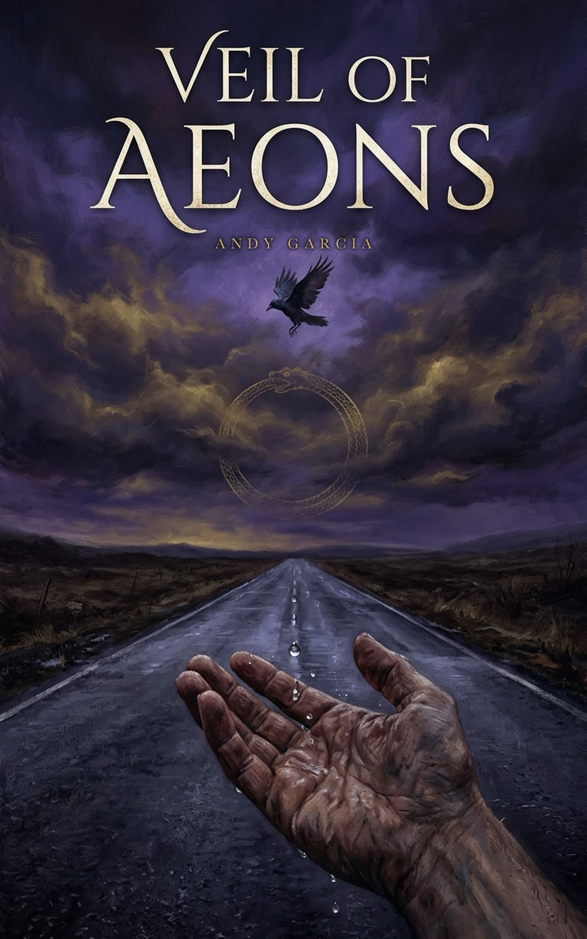 Couverture de Veil of Aeons : une main ouverte sur une route trempée de pluie, sous un ciel d'orage violet, un freux et un ouroboros au-dessus.