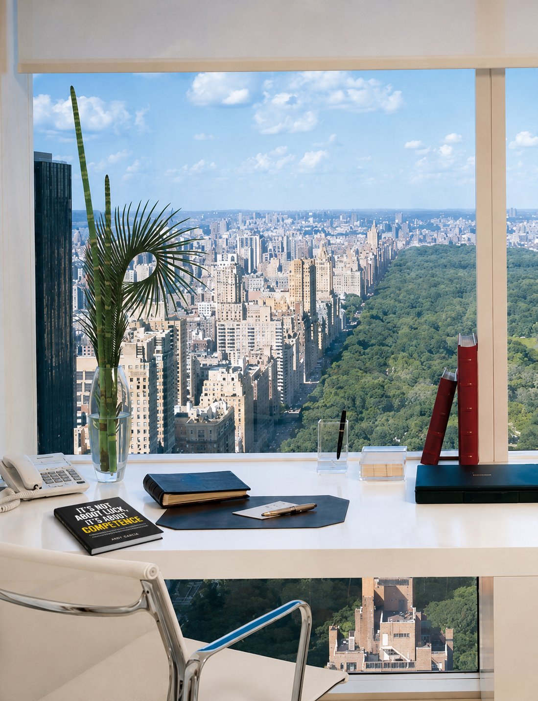 Le livre sur un bureau avec vue sur Central Park. L'audit tourne pareil sur n'importe quel bureau.