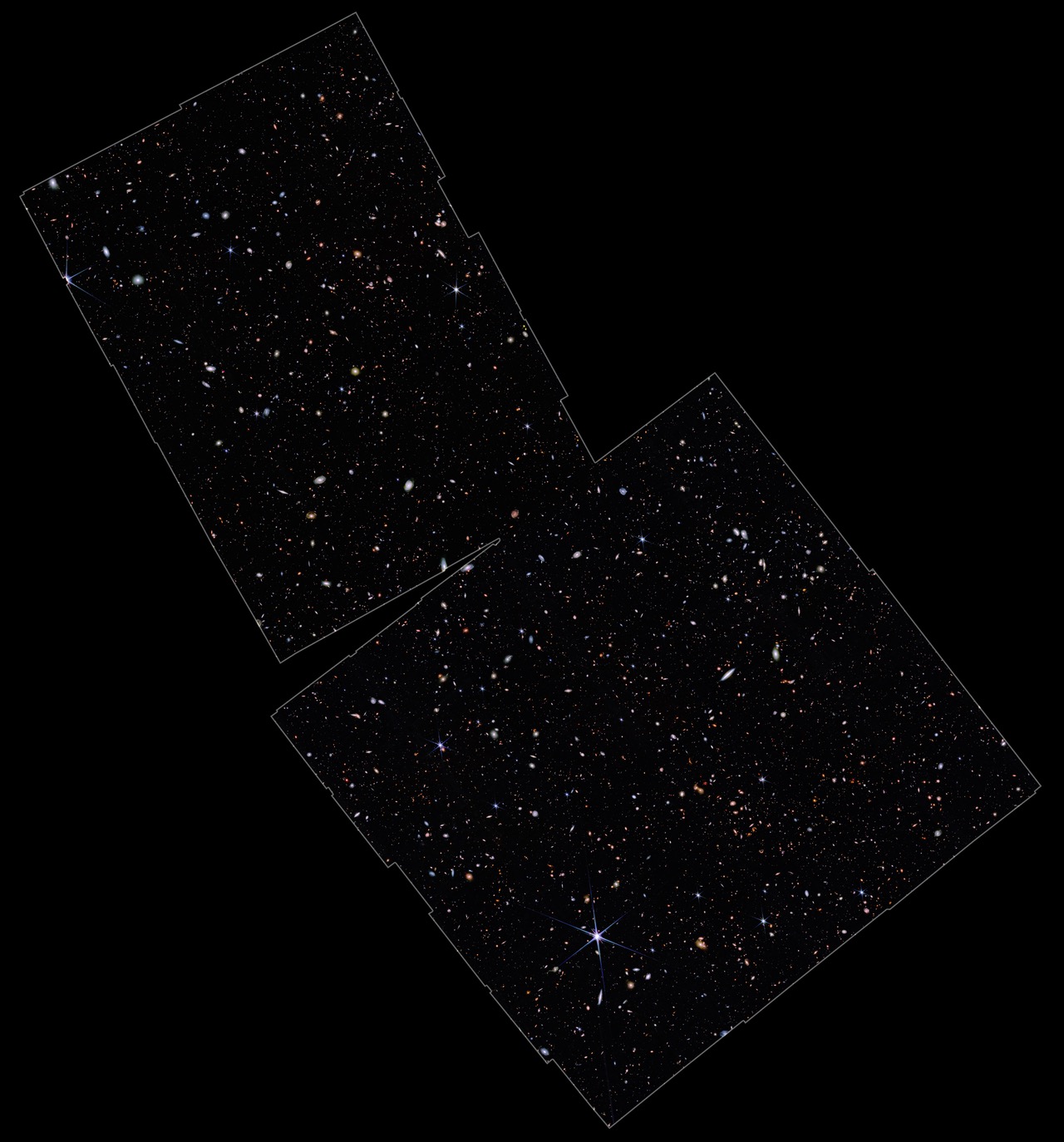 Un champ profond du JWST grouillant de milliers de galaxies — c'est dans des champs comme celui-ci que se cachent les minuscules points intensément rouges qui font débattre les astronomes. Crédit : NASA, ESA, CSA, M. Zamani (ESA/Webb) (domaine public)