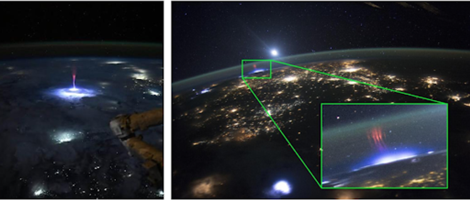 Deux visages des éclairs de la haute atmosphère, vus de l'ISS. À gauche : un jet géant capturé par l'astronaute de la NASA Nichole Ayers (juillet 2025). À droite : un farfadet au-dessus d'un éclair (Expedition 44). Crédit : NASA (domaine public).