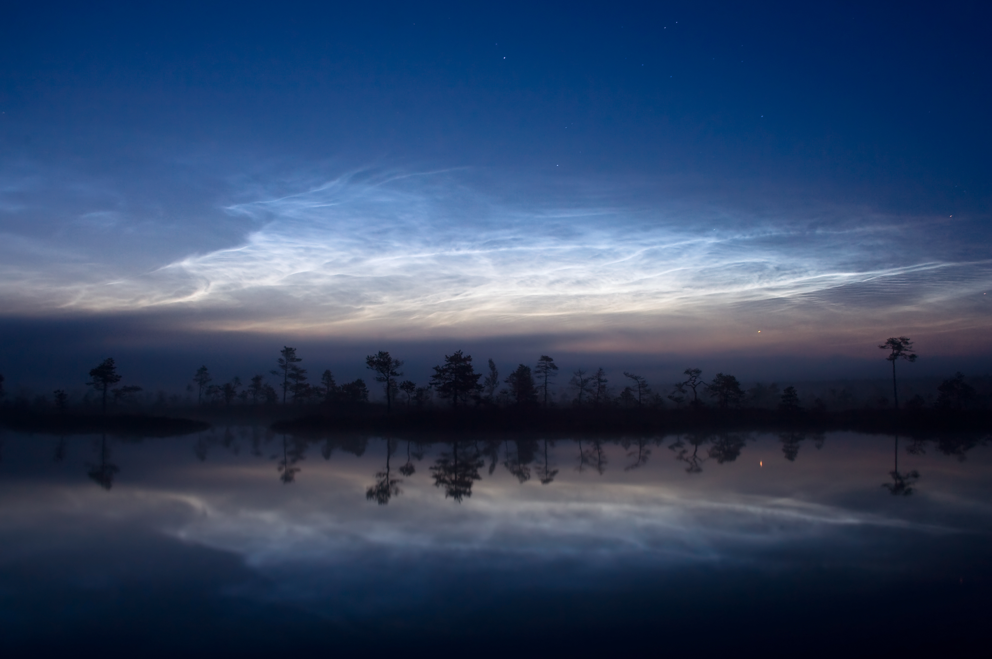 Des nuages noctulescents d'un bleu électrique illuminent la tourbière de Kuresoo, en Estonie, longtemps après le coucher du soleil. Crédit : Martin Koitmäe (CC BY-SA 4.0).