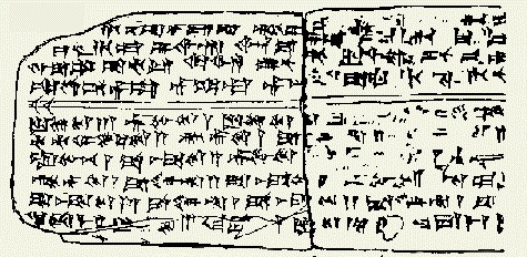 Dessin au trait de la tablette cunéiforme h.6 d'Ougarit, gravée de l'Hymne hourrite à Nikkal vers 1400 av. J.-C. — Crédit : Wikimedia Commons (domaine public)