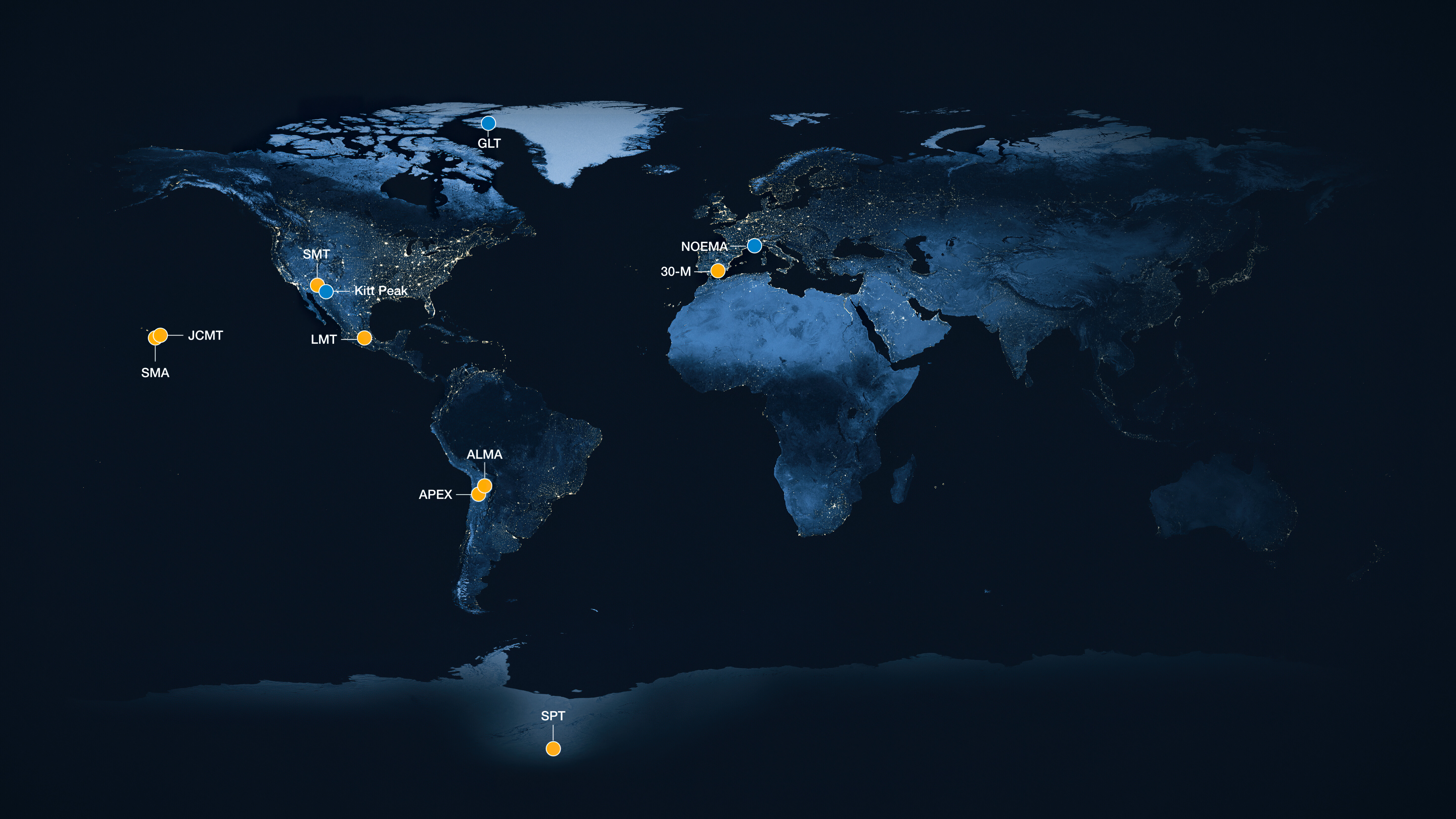 Les huit observatoires radio de l'Event Horizon Telescope, répartis sur tout le globe pour former un télescope virtuel grand comme la Terre — Crédit : ESO/M. Kornmesser (CC BY 4.0)