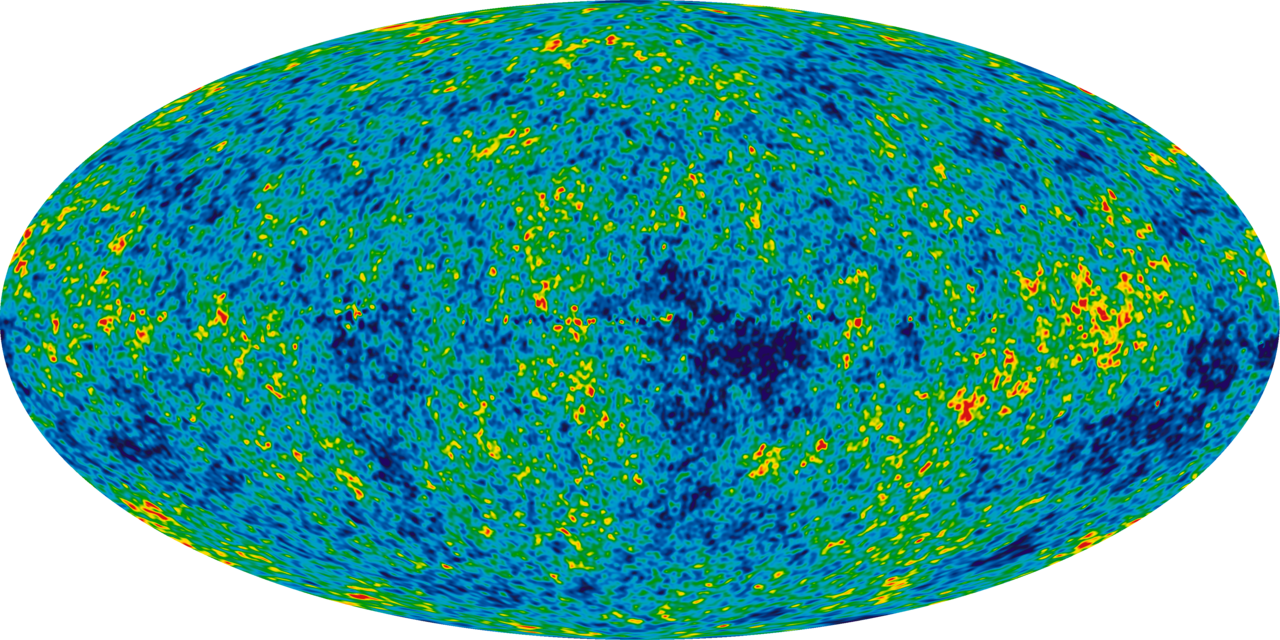 Le fond diffus cosmologique cartographié sur tout le ciel par le satellite WMAP de la NASA — l'univers à 380 000 ans, chaque grain étant une minuscule ondulation de température. Crédit : NASA / équipe scientifique WMAP (domaine public).
