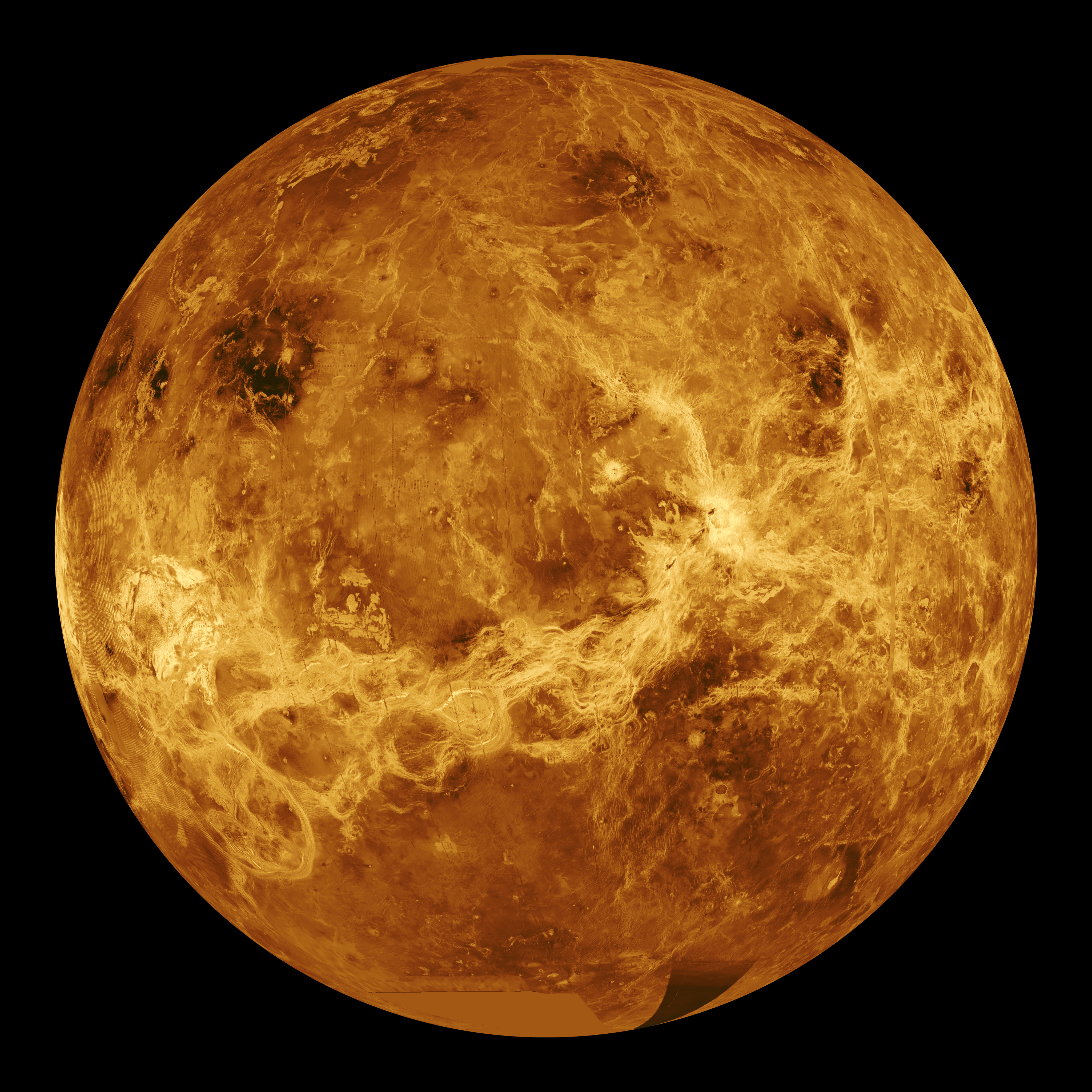 Vue globale de Vénus simulée par ordinateur à partir des données radar de Magellan, colorisée d'après les atterrisseurs soviétiques Venera — Crédit : NASA/JPL (domaine public)