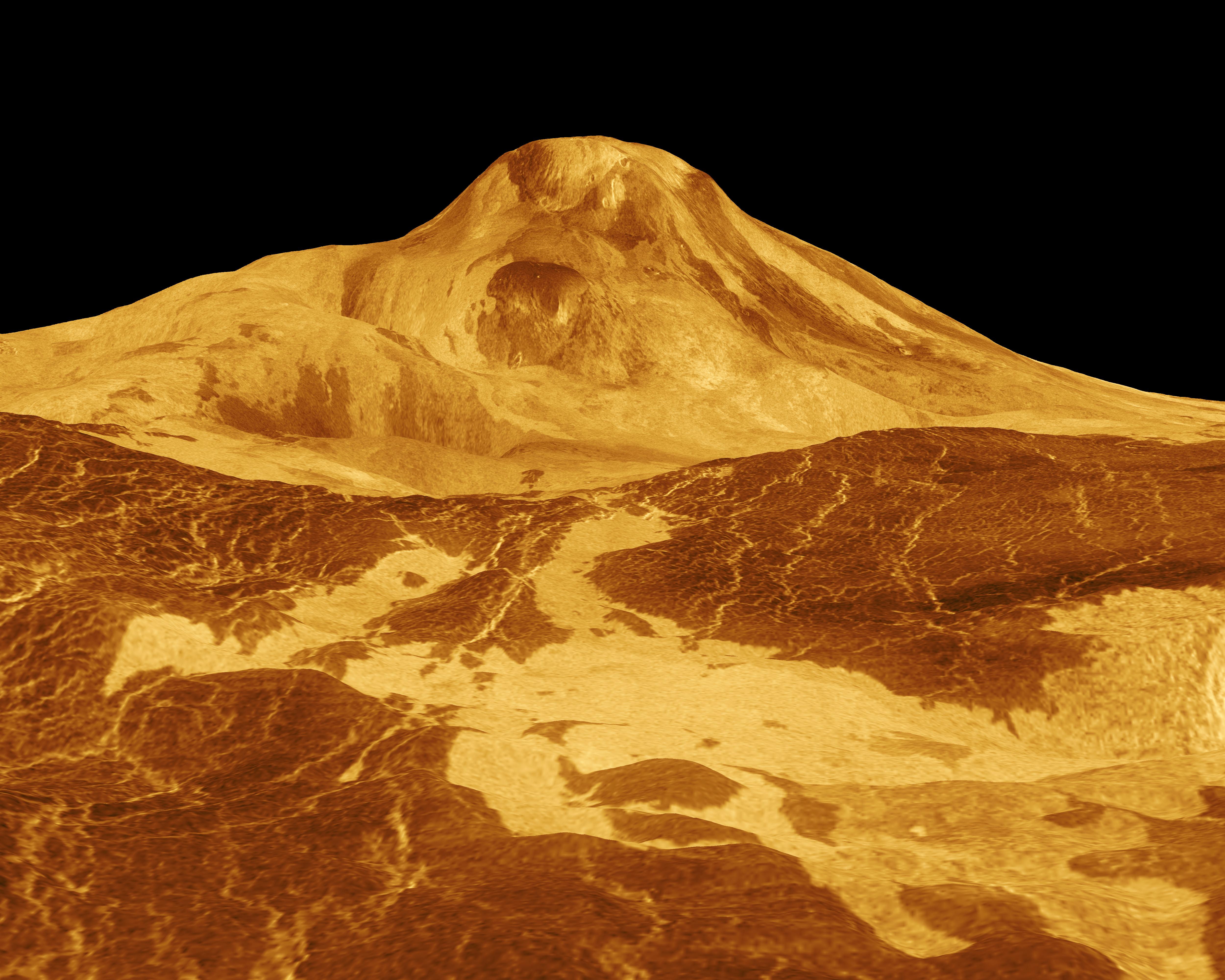 Vue en perspective 3D de Maat Mons, le plus haut volcan de Vénus, reconstituée à partir du radar de Magellan — le monde caché sous les nuages — Crédit : NASA/JPL (domaine public)