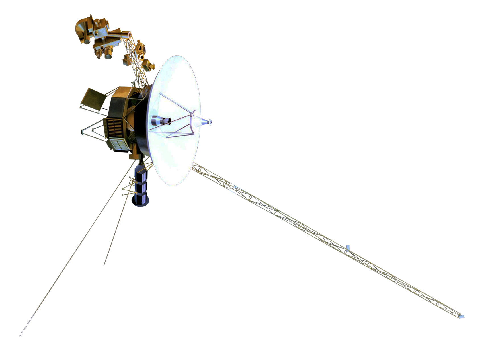 Détail de la sonde Voyager : la grande antenne parabolique et la longue perche du magnétomètre qui ont emporté la science — et un disque — hors du système solaire. Crédit : NASA (Domaine public)