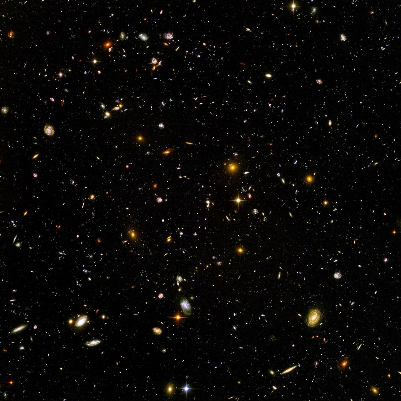 Le champ ultra-profond de Hubble : près de 10 000 galaxies dans un coin de ciel « vide » grand comme un grain de sable tenu à bout de bras. Crédit : NASA / ESA (domaine public).